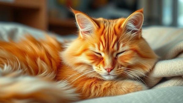 Fluffy orange cat with eye problems lying on a blanket.