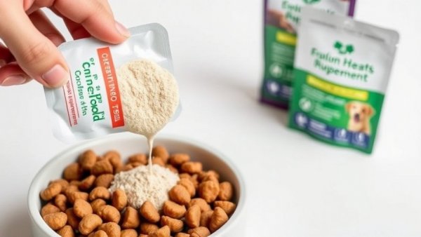 Canine supplement powder being added to dog food with packaging.