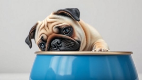 Curious pug with dog food bowl avoiding allergens