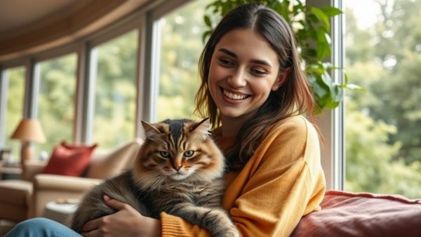 Woman with a cat on her lap, smiling in a cozy room.