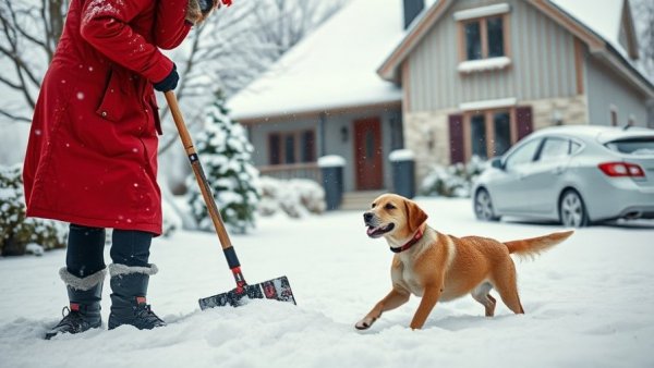 Person shoveling snow near playful dog, antifreeze poisoning in dogs alert, winter scene.
