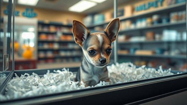 Chihuahua puppy in pet store enclosure, end of buying pets from pet stores.