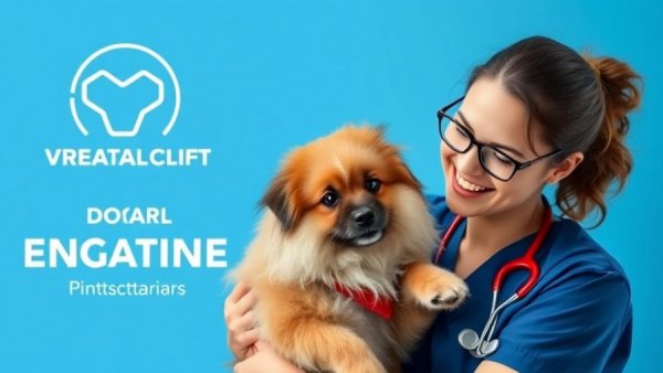 Friendly vet with fluffy dog in a vibrant pet care setting.