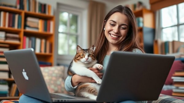 Emotional Support Cats in College Dorms: Woman with cat using laptop in dorm.