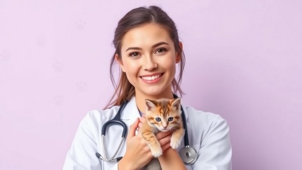 Smiling veterinarian holds cat, promotional graphic about veterinarians and vet techs.