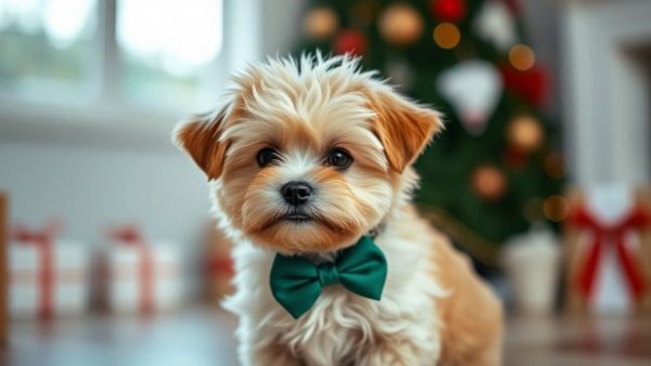 Fluffy dog with green bowtie in festive setting, Can Dogs Have Peppermint.