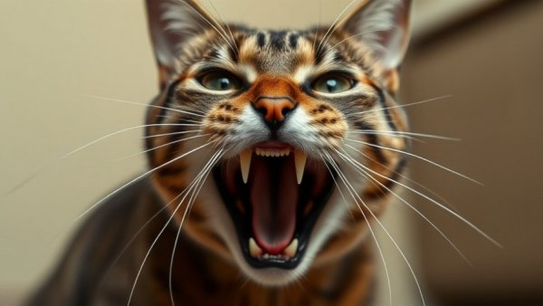 Aggressive cat showing redirected aggression with open mouth hissing.