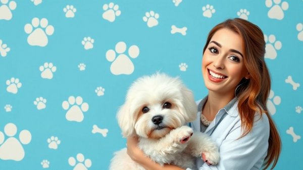 Vet holding a fluffy dog on hydrolyzed diets for dogs background.