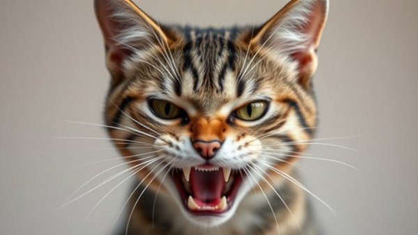 Angry cat showing redirected aggression, close-up image.
