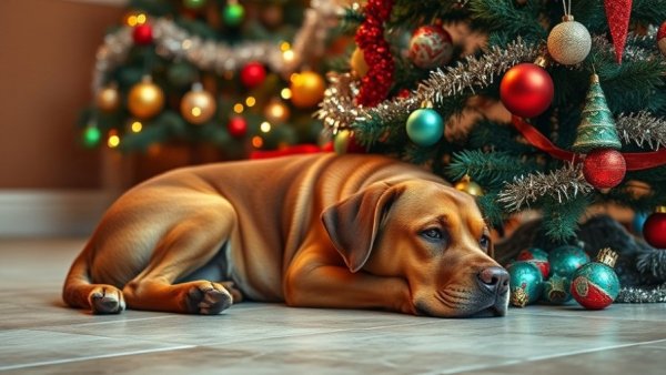 Peaceful Labrador beside Christmas tree highlighting pet euthanasia rates during holidays.