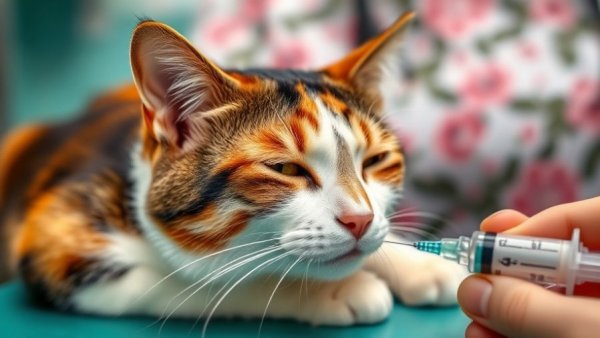 Calico cat receiving insulin injection for feline diabetes