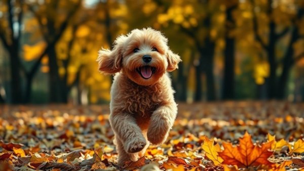 Mini Goldendoodle running joyfully in autumn park.