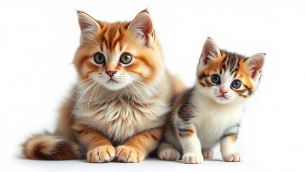 Fluffy adult cat with kitten sitting together, showcasing harmony.
