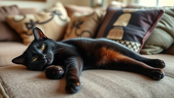 Relaxed black cat on sofa, depiction of a laid-back scene.