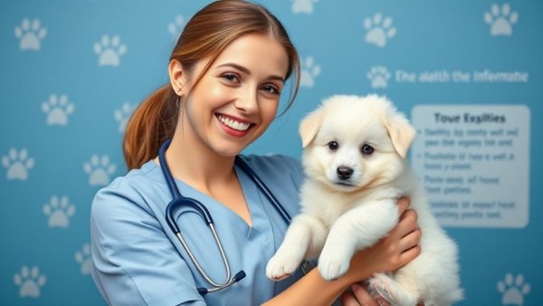 Smiling veterinarian with a puppy in a promotional poster.