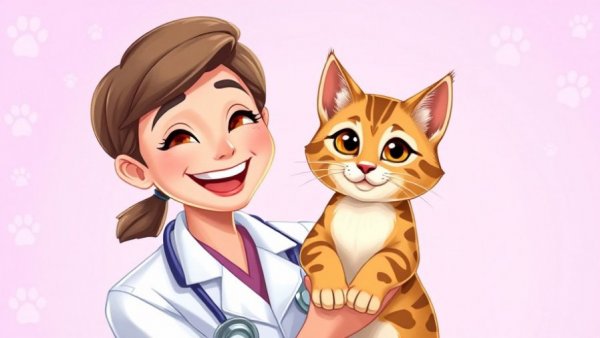 Veterinarian with cat in cartoon style for travel with cats theme.