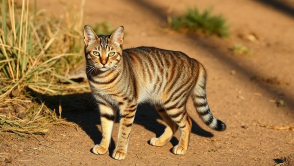 Graceful tabby cat in arid terrain, DNA analysis rewriting feline history.