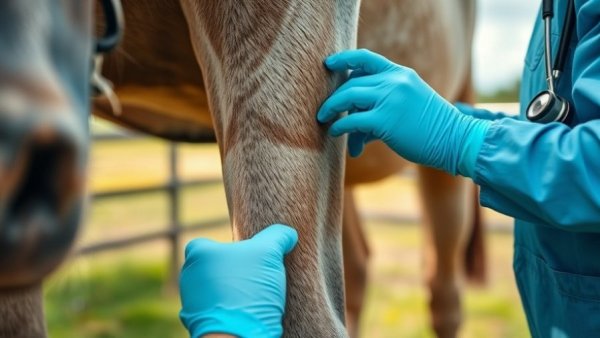 Veterinarian examining horse's leg for curb symptoms.