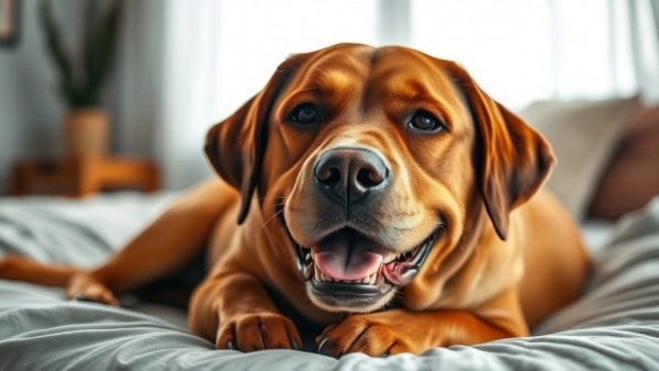 Brown Labrador resting on a bed, potential breed for arthritis.