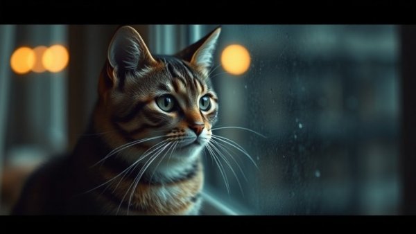 Sad cat by window gazing outside, anxiety in cat owners.