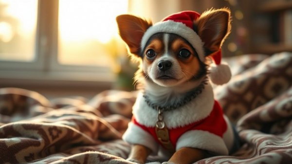 Dogster Photo Contest Winners: Adorable small dog in Santa outfit, cozy indoors.