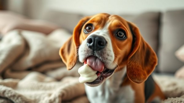 Dog licking yogurt from a dish in a cozy living room.
