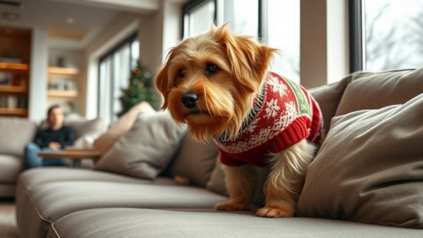 Senior dog in wool sweater on couch during winter indoors