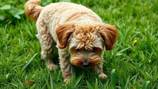 Curly-haired dog peeing outdoors, highlighting dog pee habit health warning.