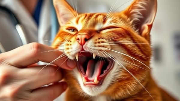 Veterinarian examines ginger cat's mouth for eosinophilic granulomas.