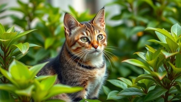 Charming tabby cat perched in a lush garden, exuding tranquility.