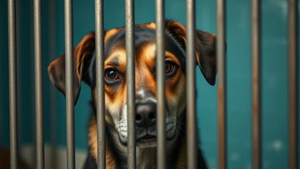 Concerned dog in shelter highlights need for animal charities donations.