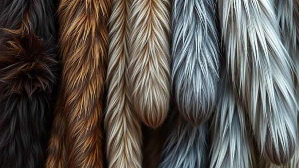 Close-up of different animal furs hanging together showcasing textures.