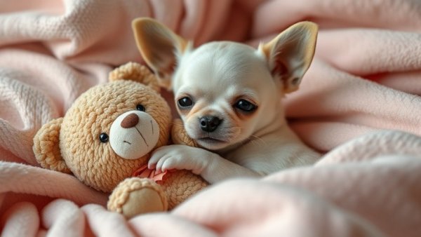 Chihuahua puppy cuddling with a teddy bear in soft blankets.