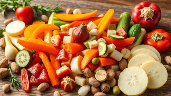 Colorful baby food and ingredients displayed on a wooden table.