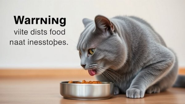Cat with food bowls and warning text on feeding mistakes.