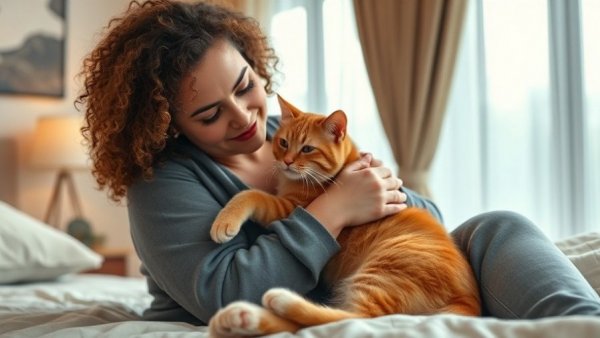 Woman embracing a cat in a sunlit bedroom, showcasing challenges of pet parenting.
