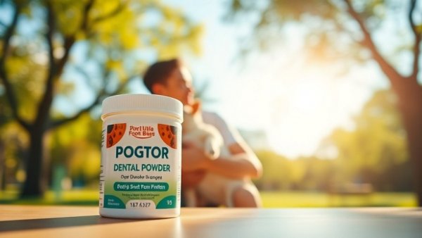 Dog dental powder in focus with blurred man and dog in park background.