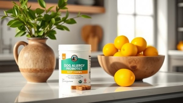 Dog allergy probiotic chew container in kitchen setting