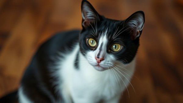 Curious black and white cat demonstrating salmiak cat color genetics.