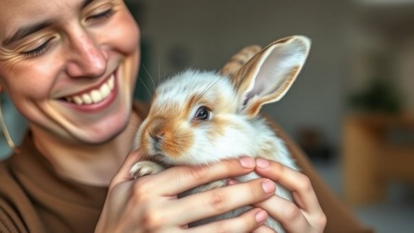 Gentle interaction with a rabbit demonstrating safe handling.