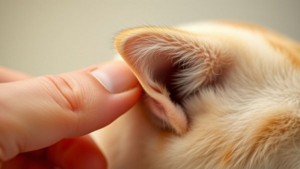 Close-up of cat ear sores treatment being examined by a hand.