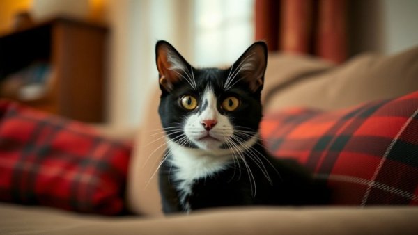 Alert black and white cat highlighting winter cat care mistakes.