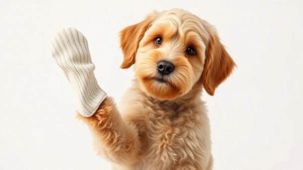 Curious golden Labradoodle playfully holding sock, highlighting swallowed sock dog emergency.