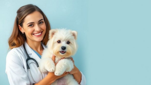 Veterinarian with fluffy dog, advice on fireworks anxiety in dogs.