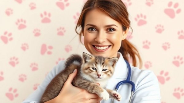 Smiling veterinarian holding a kitten, Cat Eye and Dental Care advice.