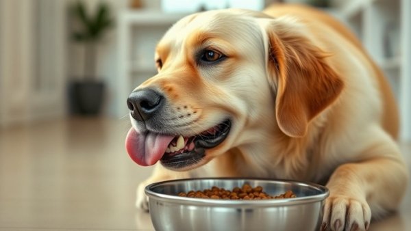 Golden Retriever enjoying insect-based dog food in a bowl.