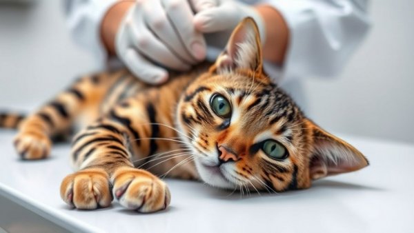 Vet examines Bengal cat for spay neuter complications.