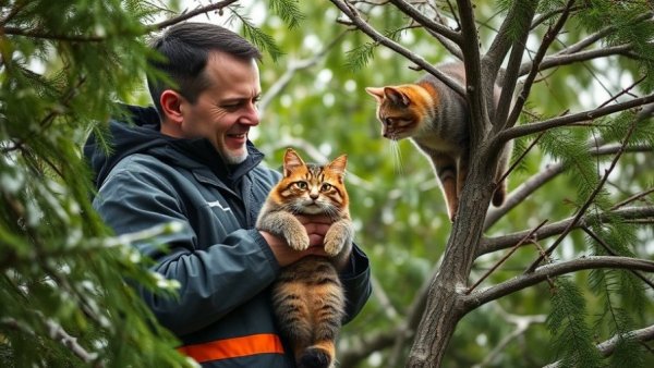 Rescuer utilizing cat rescue techniques in treetops.