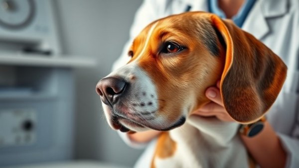 Veterinarian examines beagle dog in clinic, highlighting bladder cancer in dogs symptoms and treatments.