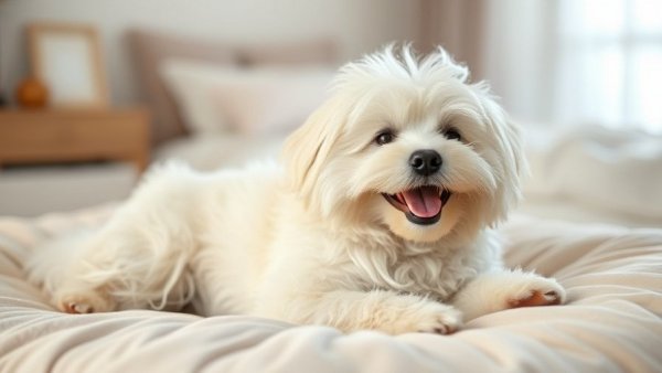 Fluffy white dog relaxing on bed, Dog Stomach Gurgling discussion.